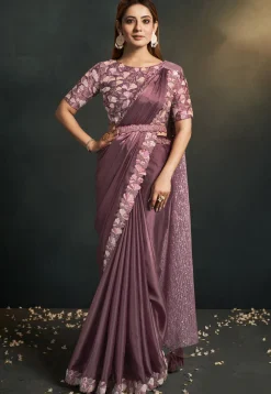Pre Stitched Satin Saree in Old Rose