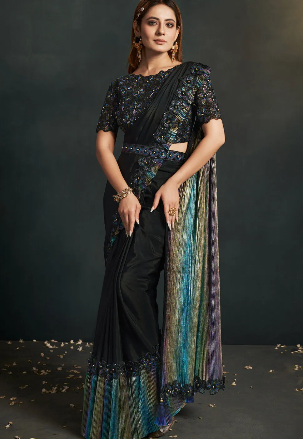 Pre Stitched Satin Saree in Black and Multicolor