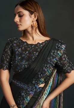 Pre Stitched Satin Saree in Black and Multicolor