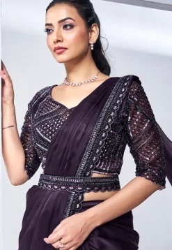 Pre Stitched Satin Silk Saree in Purple