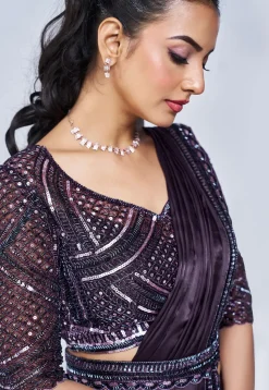 Pre Stitched Satin Silk Saree in Purple