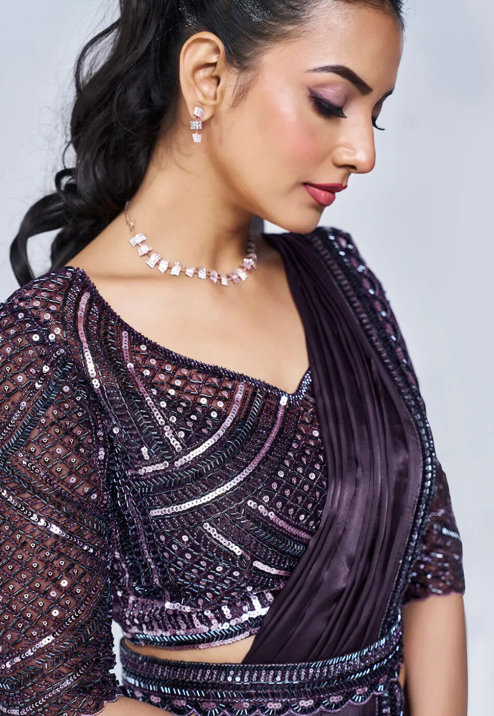 Pre Stitched Satin Silk Saree in Purple