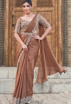 Pre Stitched Satin Silk Scalloped Saree in Brown