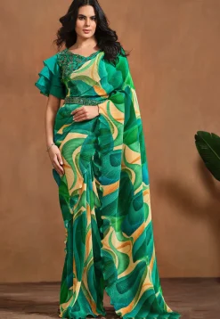 Pre Stitched Satin Silk Saree in Green