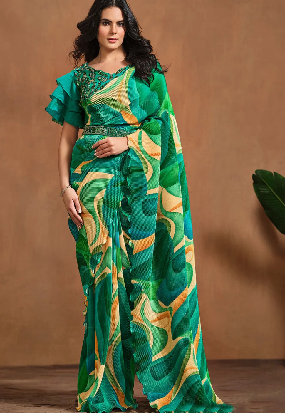 Pre Stitched Satin Silk Saree in Green