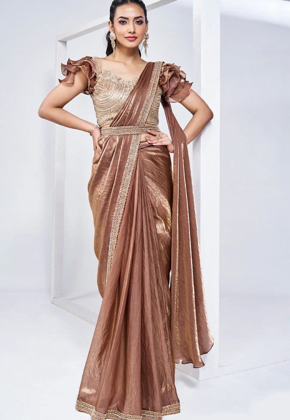 Pre Stitched Satin Silk Saree in Brown