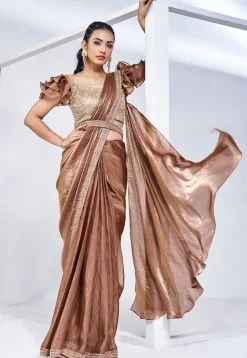 Pre Stitched Satin Silk Saree in Brown