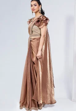 Pre Stitched Satin Silk Saree in Brown