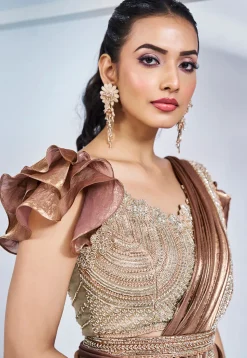 Pre Stitched Satin Silk Saree in Brown