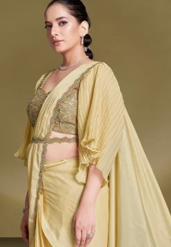 Pre Stitched Satin Silk Scalloped Saree in Yellow
