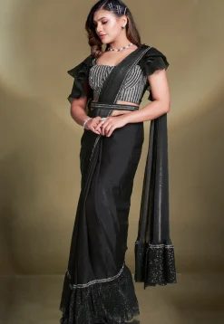 Pre Stitched Satin Silk Saree in Black