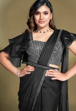 Pre Stitched Satin Silk Saree in Black