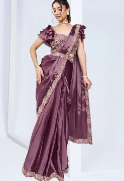 Pre Stitched Satin Silk Saree in Purple