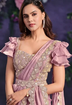 Pre Stitched Satin Silk Scalloped Sari in Pink