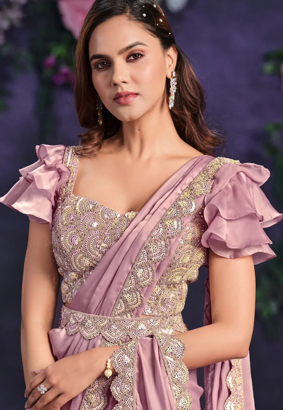 Pre Stitched Satin Silk Scalloped Sari in Pink