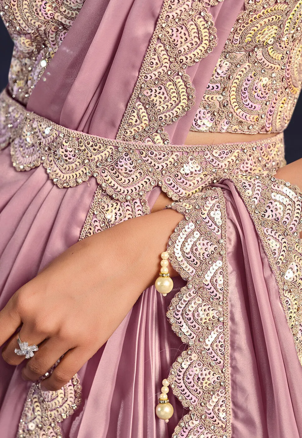Pre Stitched Satin Silk Scalloped Sari in Pink