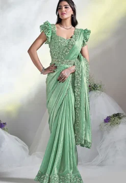 Pre Stitched Satin Silk Saree in Light Green