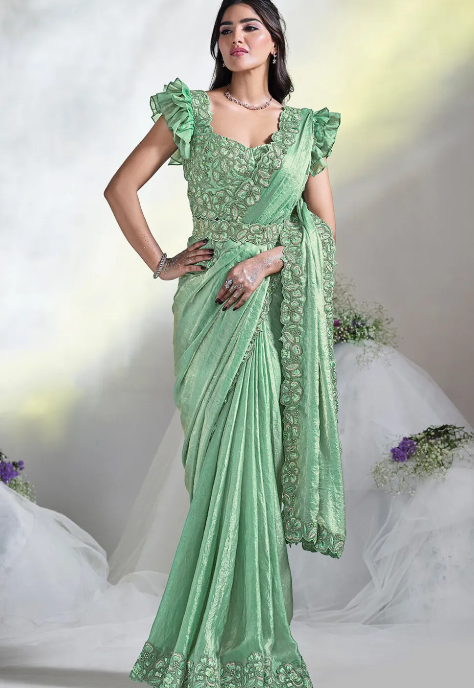 Pre Stitched Satin Silk Saree in Light Green