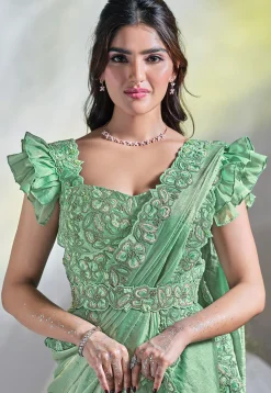 Pre Stitched Satin Silk Saree in Light Green