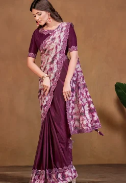 Pre Stitched Satin Silk Saree in Wine