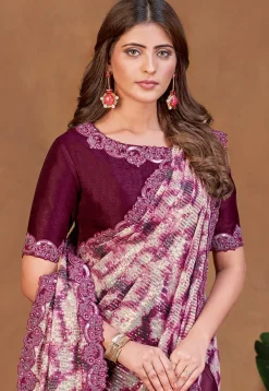 Pre Stitched Satin Silk Saree in Wine