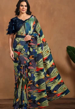 Pre Stitched Satin Silk Saree in Green and Blue