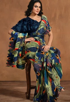 Pre Stitched Satin Silk Saree in Green and Blue