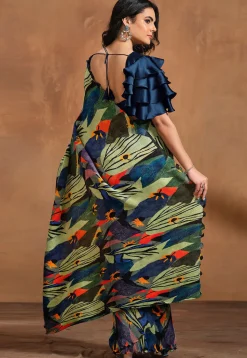 Pre Stitched Satin Silk Saree in Green and Blue