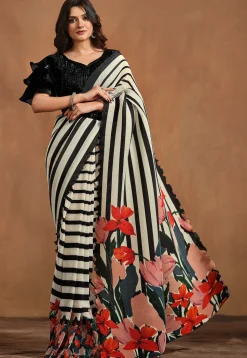 Pre Stitched Satin Silk Saree in Off White and Black