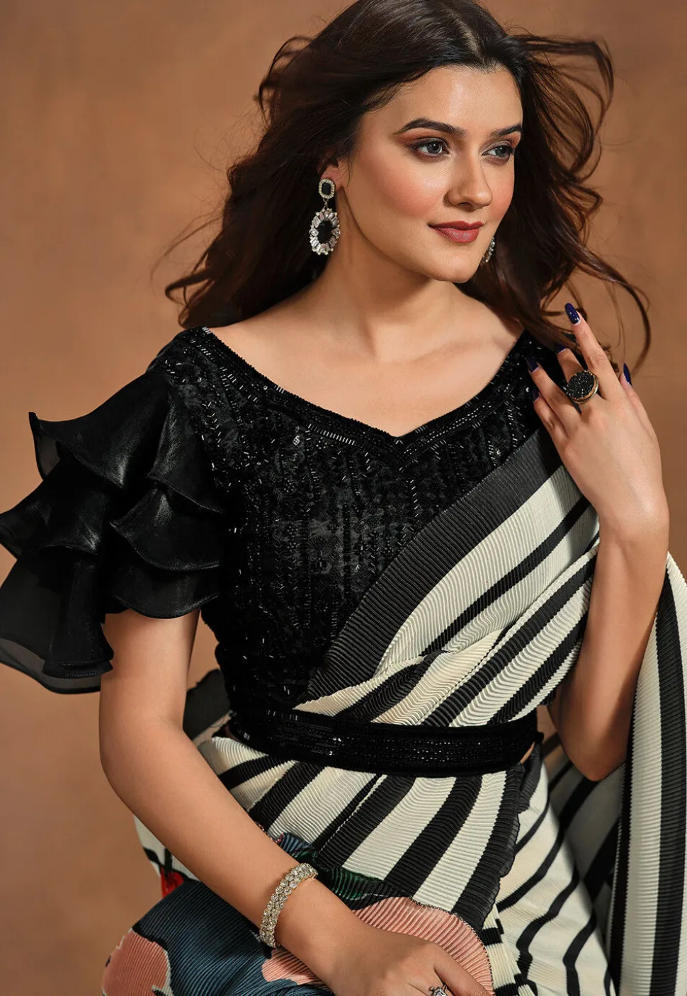 Pre Stitched Satin Silk Saree in Off White and Black