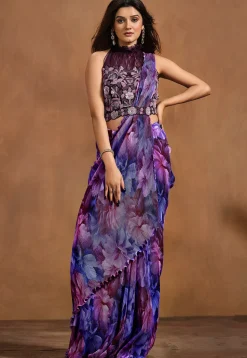 Pre Stitched Satin Silk Saree in Purple