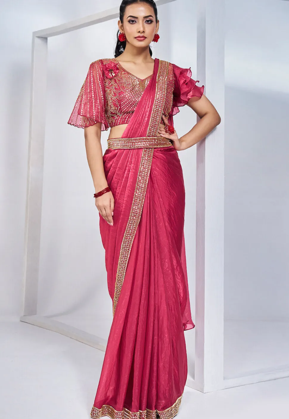 Pre Stitched Satin Silk Saree in Pink