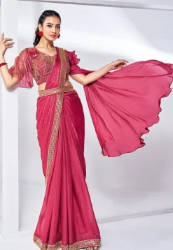 Pre Stitched Satin Silk Saree in Pink