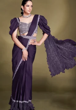 Pre Stitched Satin Silk Scalloped Saree in Purple