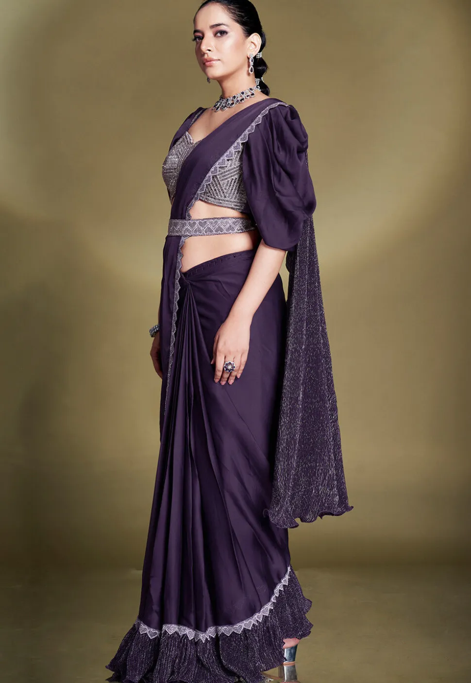 Pre Stitched Satin Silk Scalloped Saree in Purple