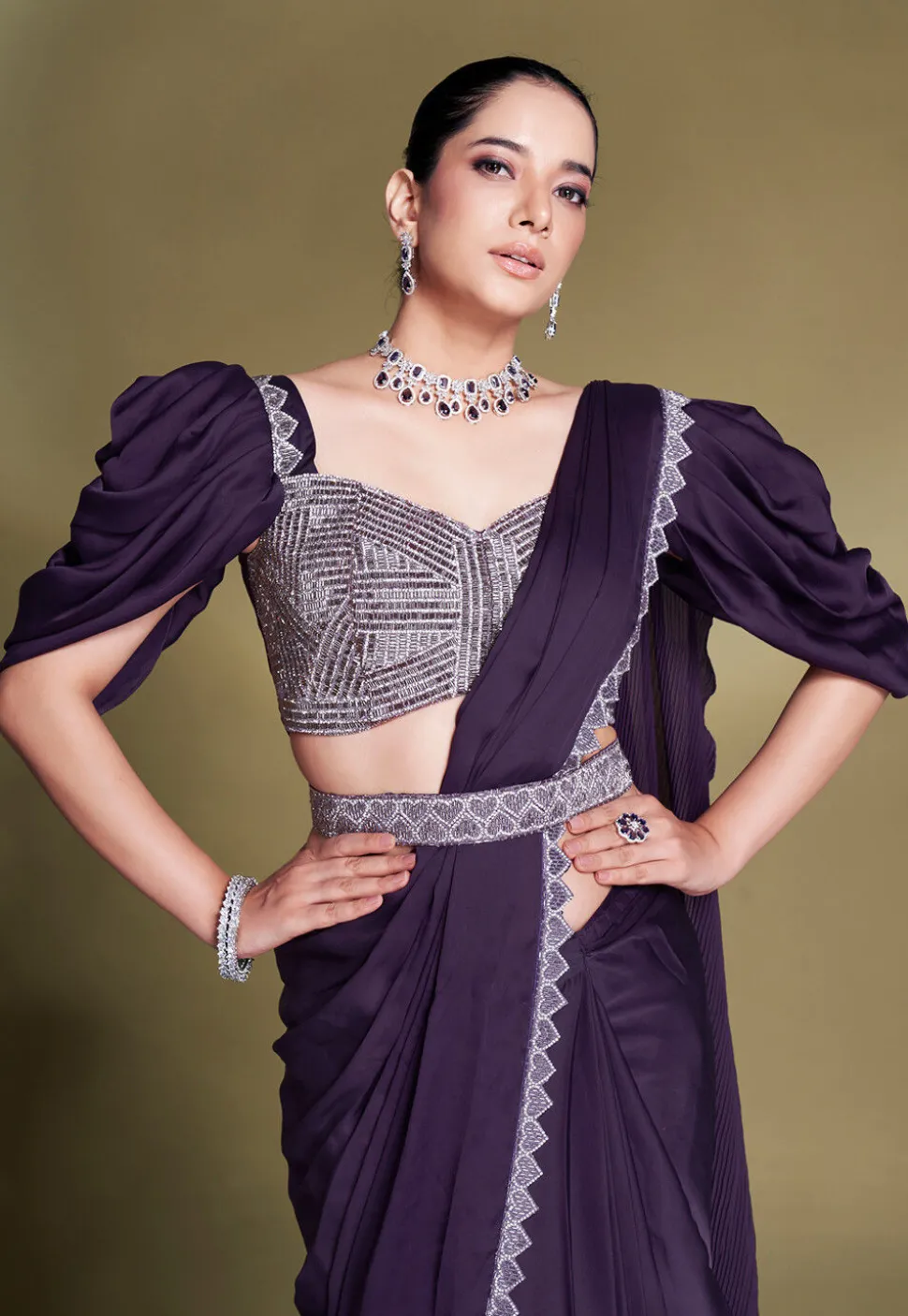 Pre Stitched Satin Silk Scalloped Saree in Purple