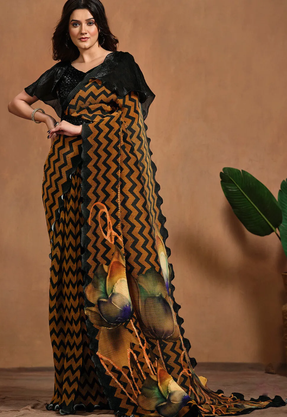 Pre Stitched Satin Silk Saree in Brown