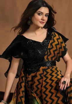 Pre Stitched Satin Silk Saree in Brown