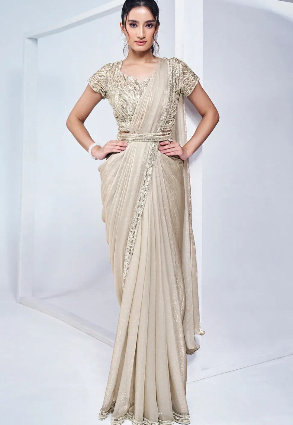 Pre Stitched Satin Silk Saree in Off White
