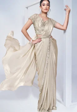 Pre Stitched Satin Silk Saree in Off White