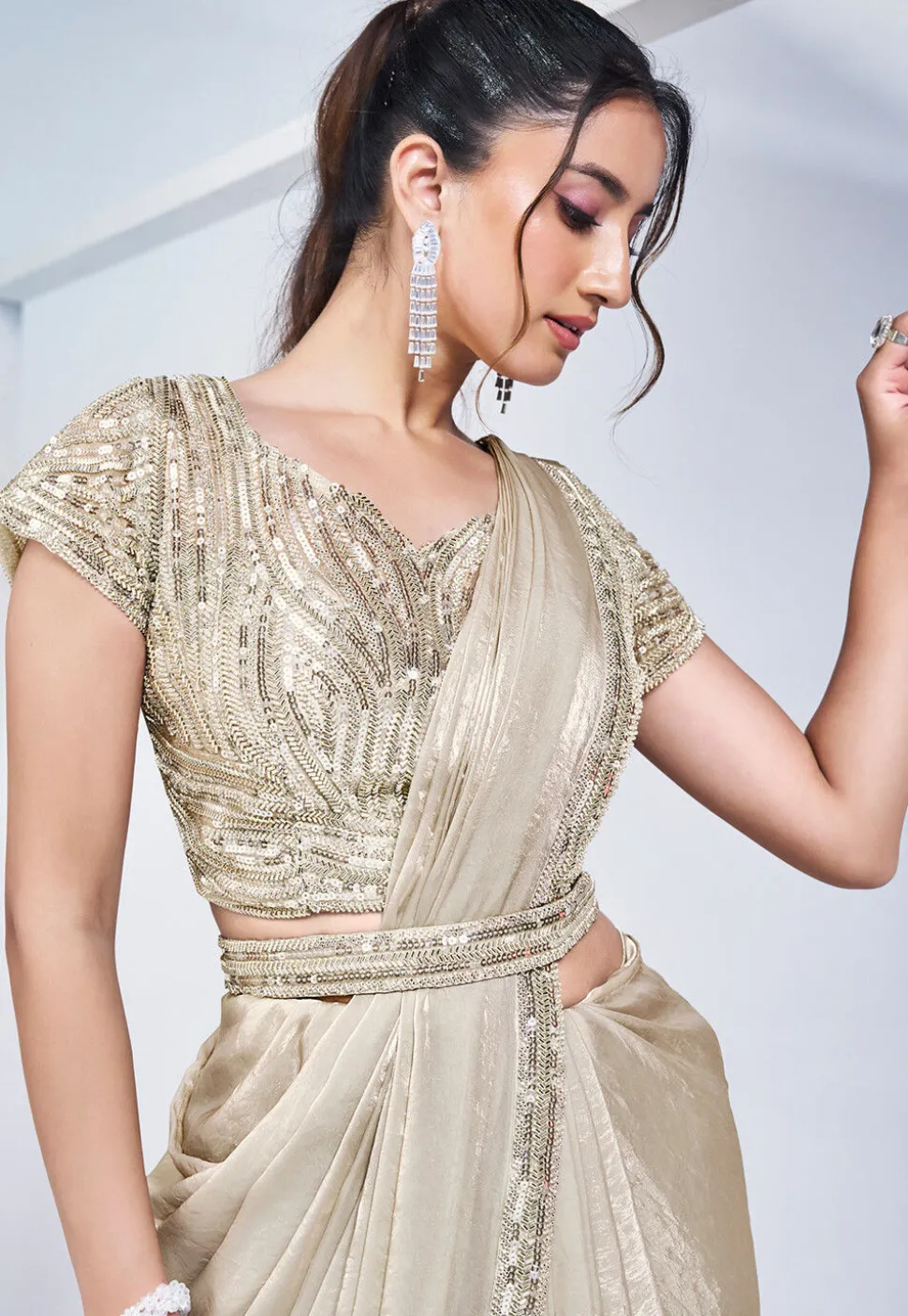 Pre Stitched Satin Silk Saree in Off White
