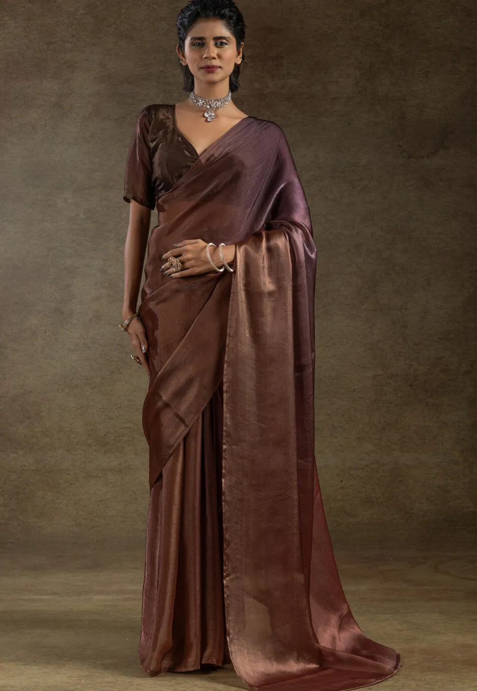 Pre Stitched Satin Silk Saree in Brown