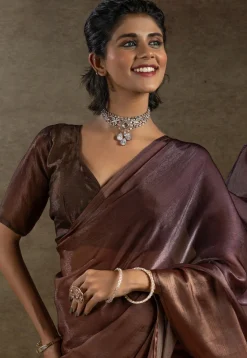 Pre Stitched Satin Silk Saree in Brown