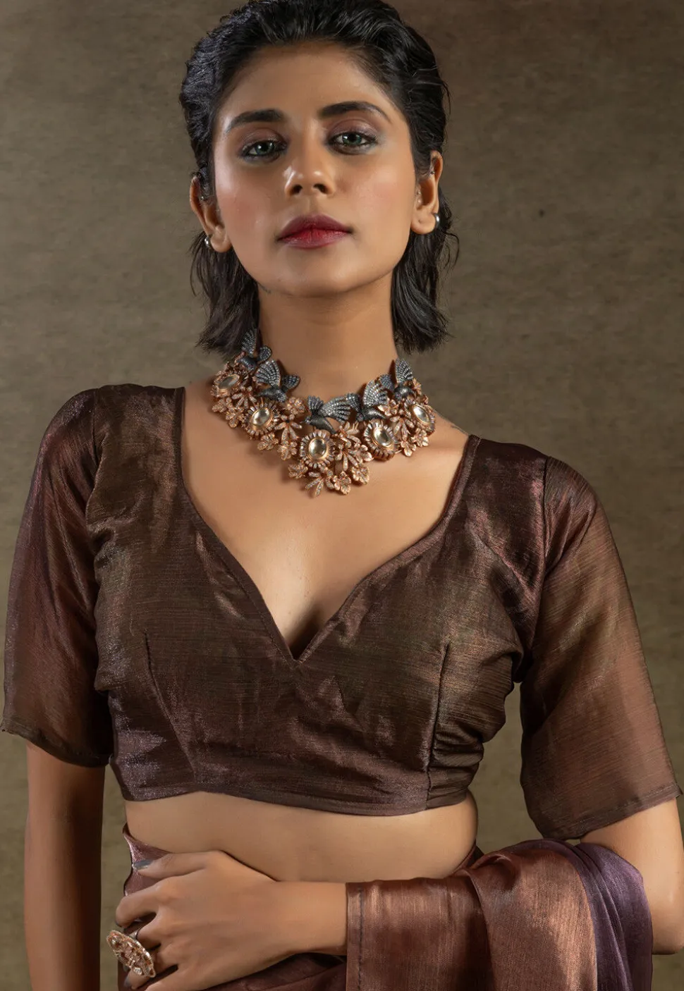 Pre Stitched Satin Silk Saree in Brown