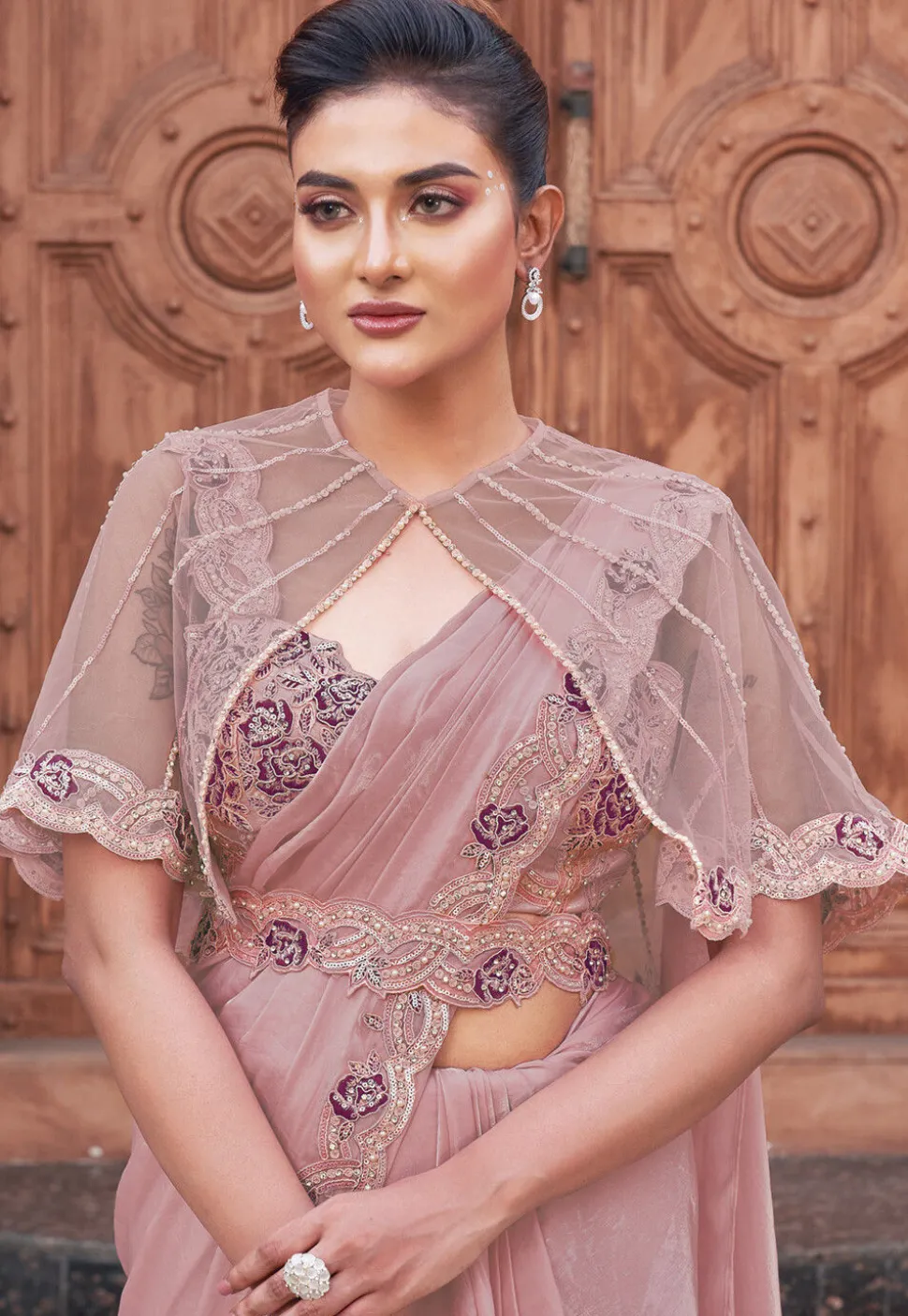 Pre Stitched Satin Silk Scalloped Saree in Pink