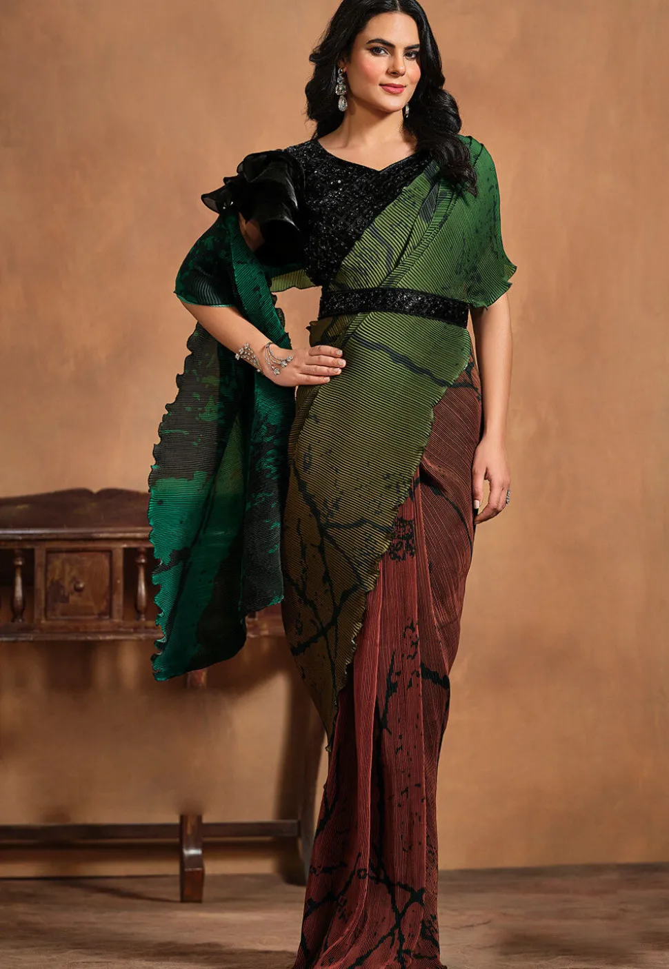 Pre Stitched Satin Silk Saree in Green