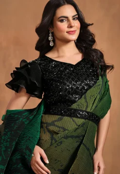 Pre Stitched Satin Silk Saree in Green
