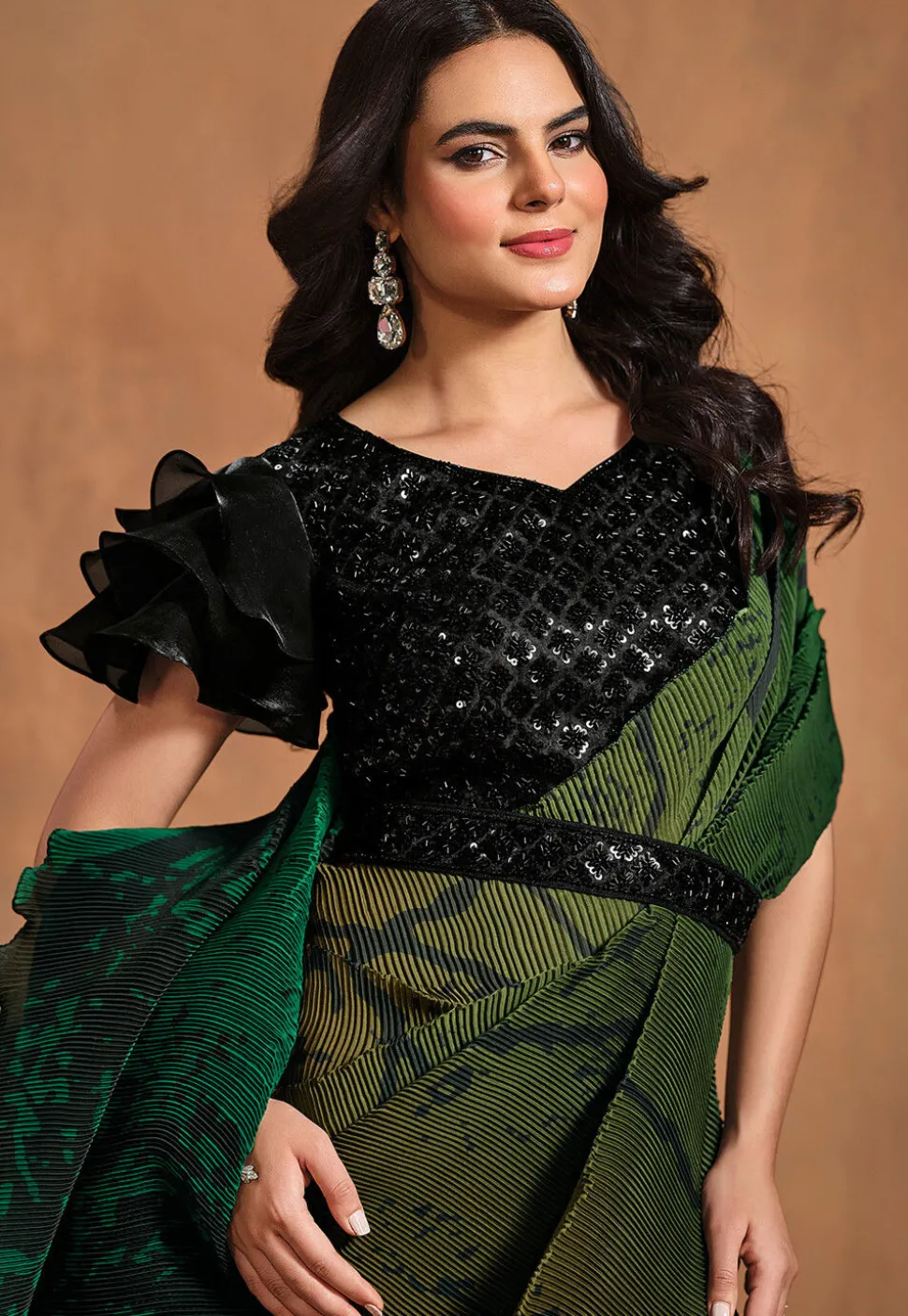 Pre Stitched Satin Silk Saree in Green