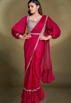 Pre Stitched Satin Silk Scalloped Saree in Red