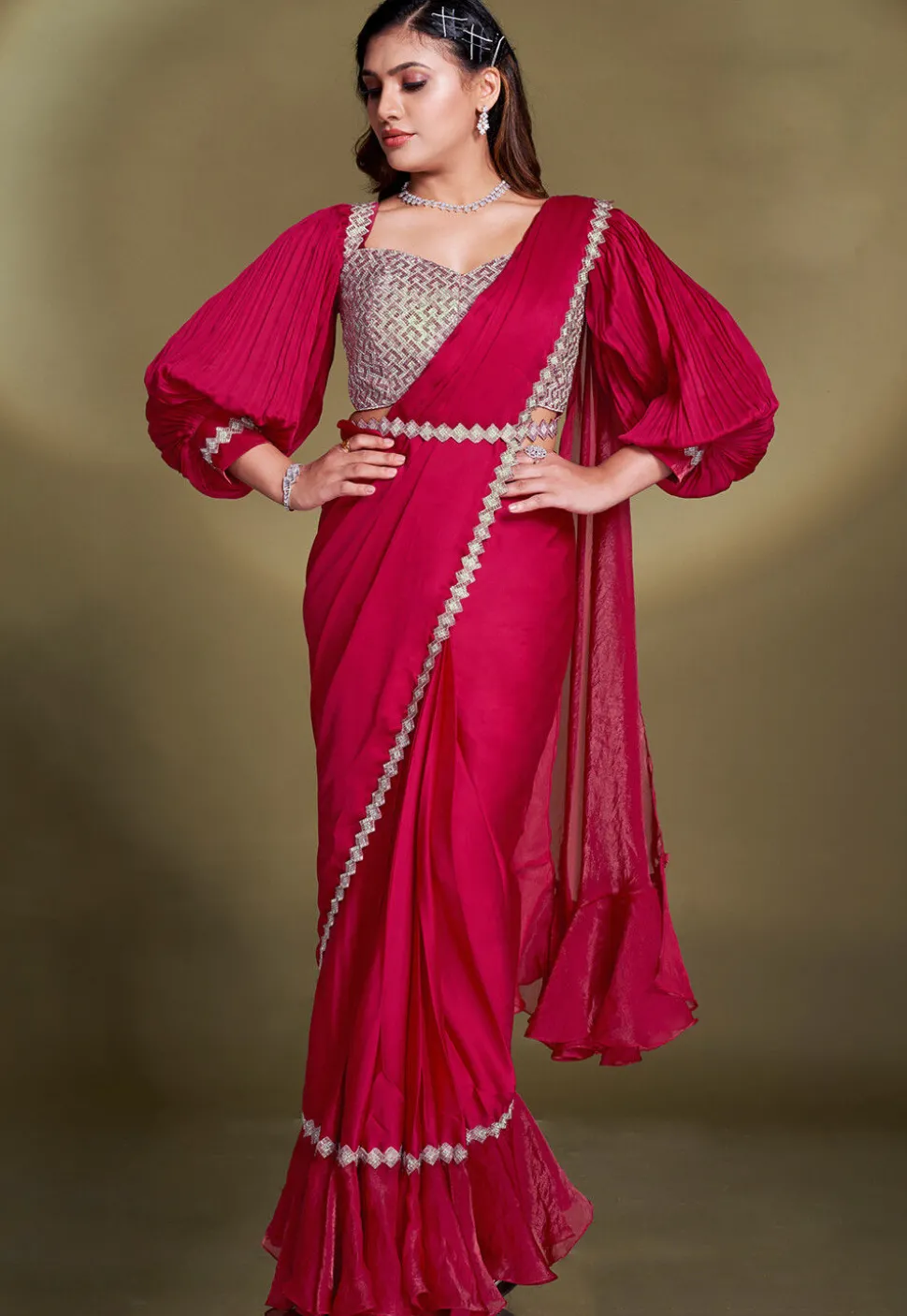 Pre Stitched Satin Silk Scalloped Saree in Red